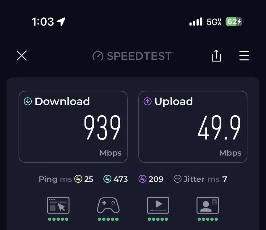 Mobile speed field observation near 53 Carl Parker Road showing 939 Mbps download and 49.9 Mbps upload on Verizon 5G Ultra Wideband.