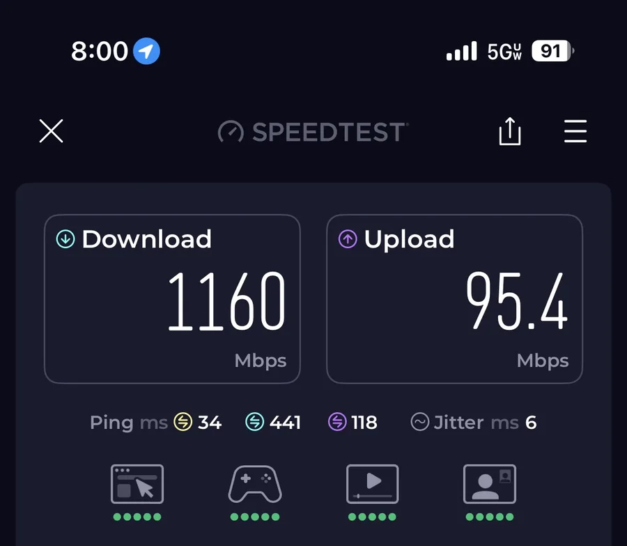 Nearby mobile speed field observation showing 1160 Mbps download and 95.4 Mbps upload on Verizon 5G Ultra Wideband.